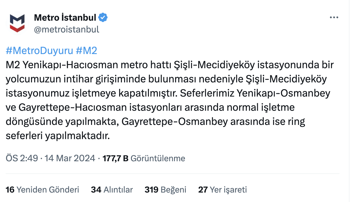 Mecidiyek Y Metro Intihar Olay Mecidiyek Y Metro Dura Nda Intihar